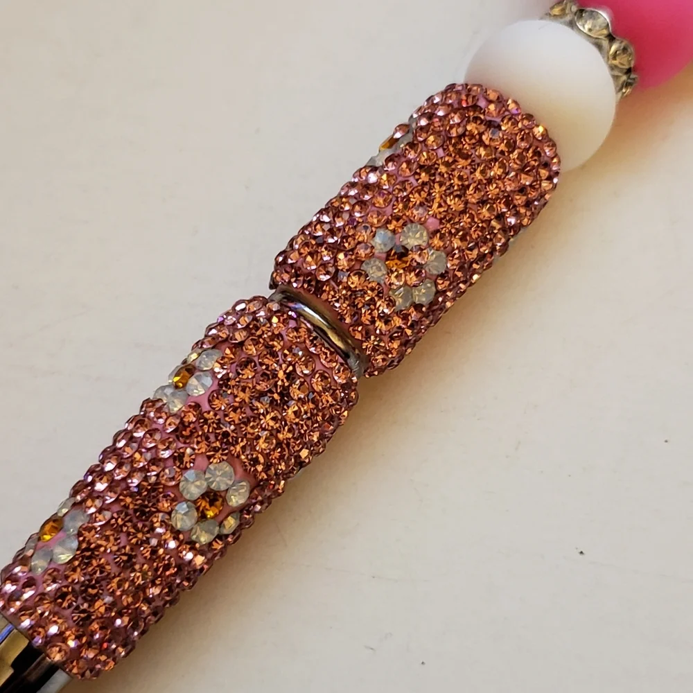 Handmade Pink White Hello Kitty Rhinestone Beaded Silicone Focal Bead Pen